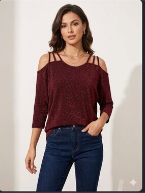 Fantastic Fawn Sparkling Red Cold Shoulder Top m
